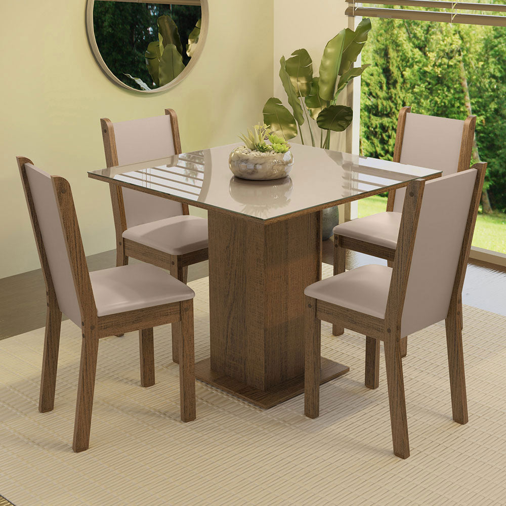 Juego de Comedor Tifani con 4 Sillas - Tablero de Madera y Cristal