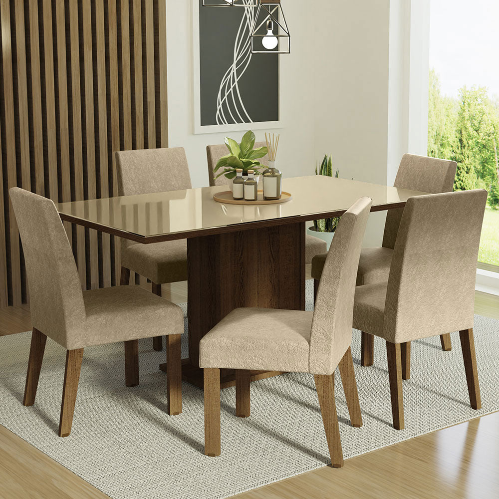 Juego de Comedor Alexis con 6 Sillas - Tablero de Madera y Cristal