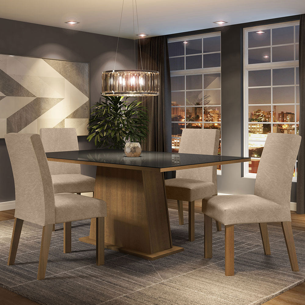Juego de Comedor Sabrina con 4 Sillas - Tablero de Madera y Cristal