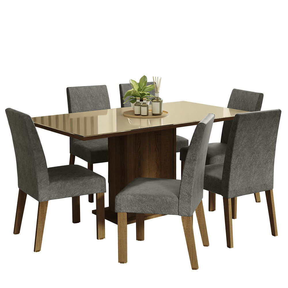 Juego de Comedor Alexis con 6 Sillas - Tablero de Madera y Cristal