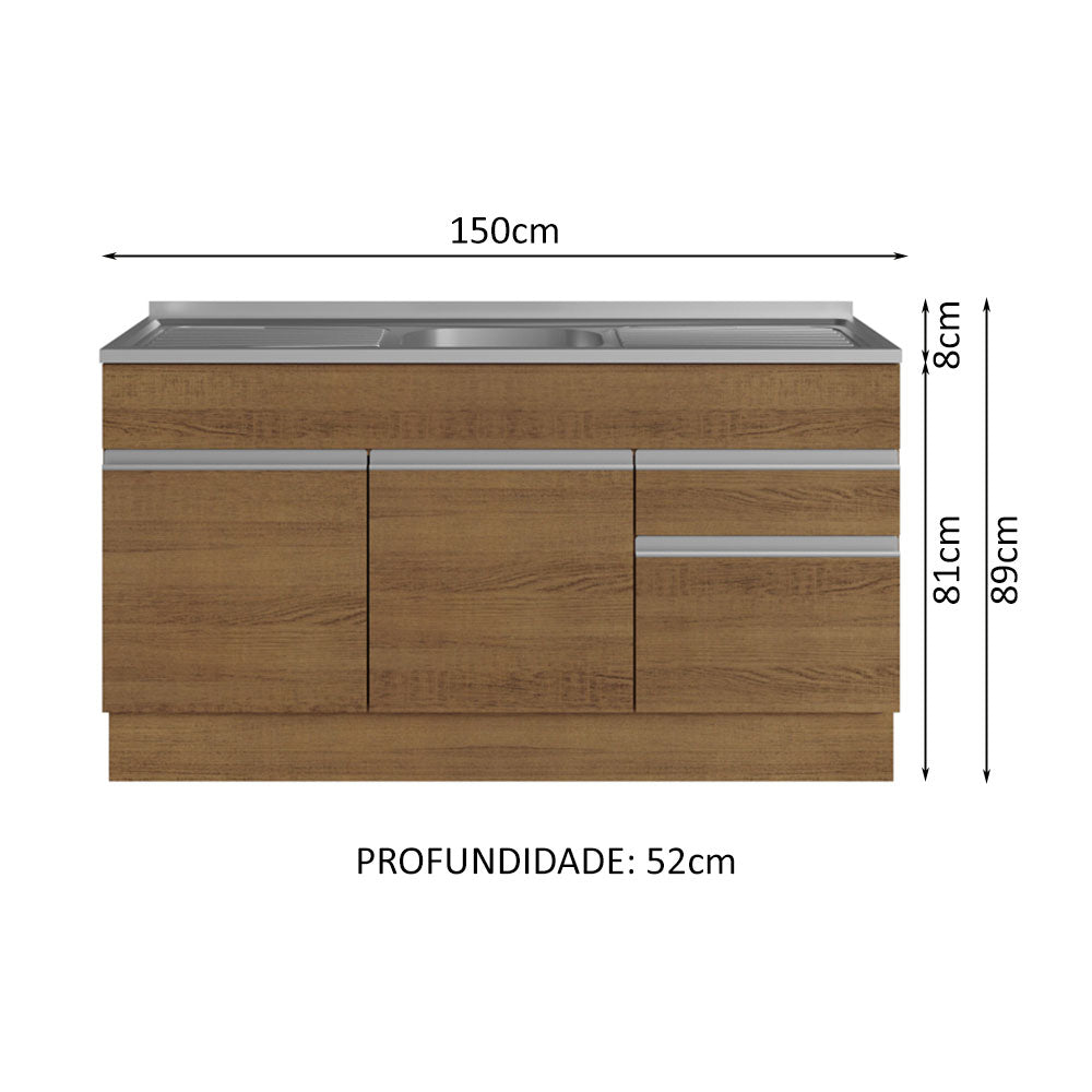 Mueble de Cocina Bajo Glamy 1.50 m 2 Prts 2 Cajones con Mesón de Acero