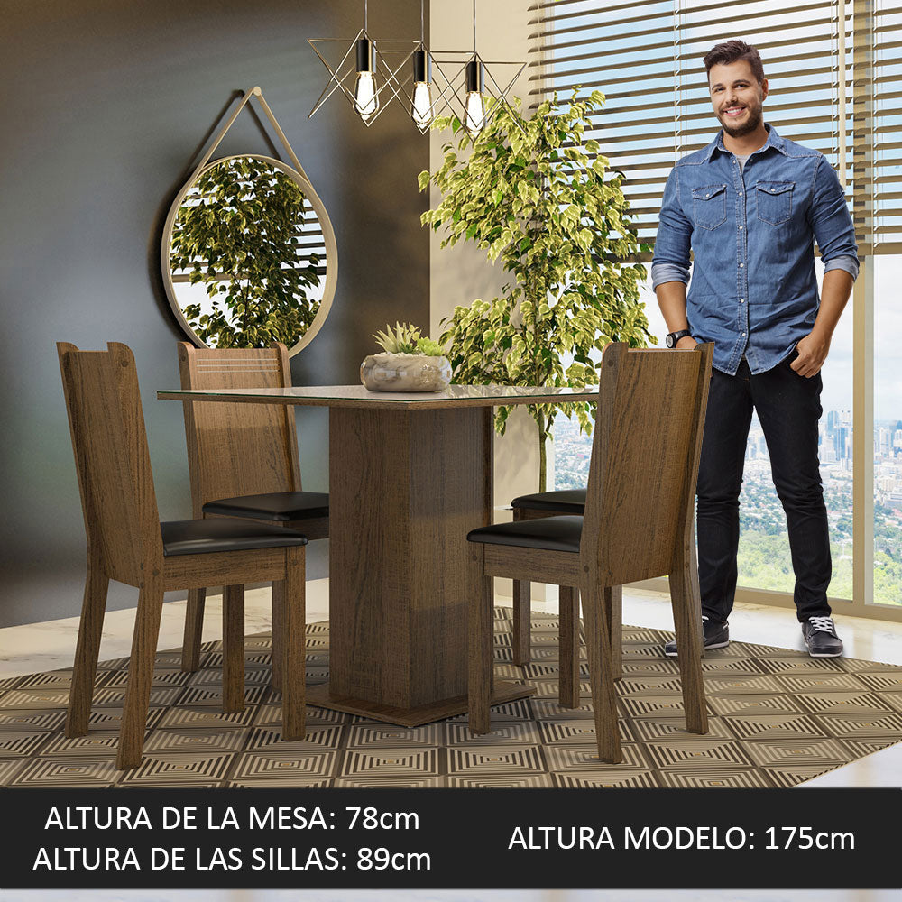 Juego de Comedor Perla con 4 Sillas - Tablero de Madera y Cristal