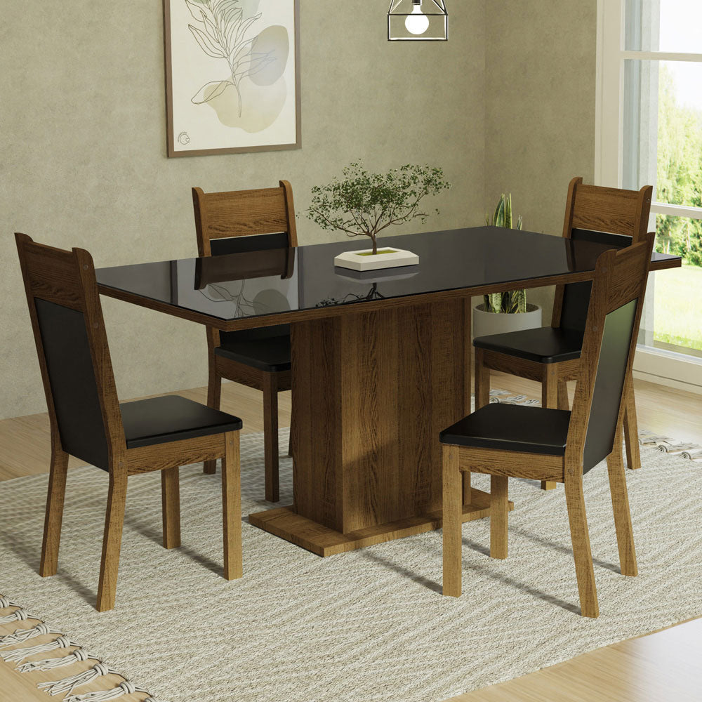 Juego de Comedor Greta con 4 Sillas - Tablero de Madera y Cristal