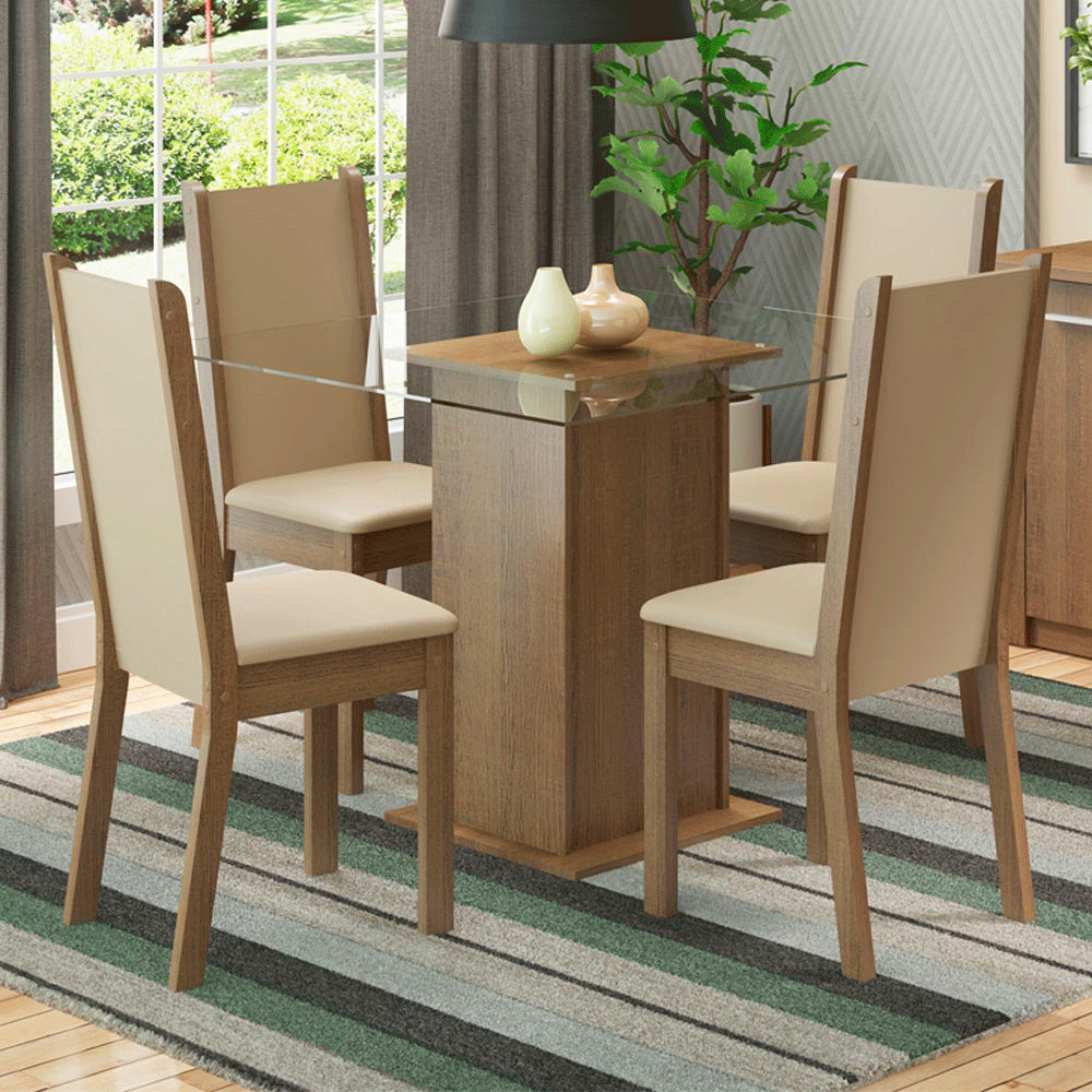 Juego de Comedor Aline con 4 Sillas - Encimera Cuadrada de Cristal Marrón/Crema/Beige
