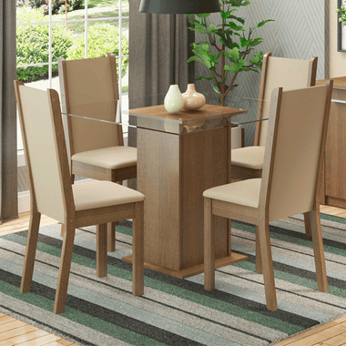 Juego de Comedor Aline con 4 Sillas - Encimera Cuadrada de Cristal Marrón/Crema/Beige