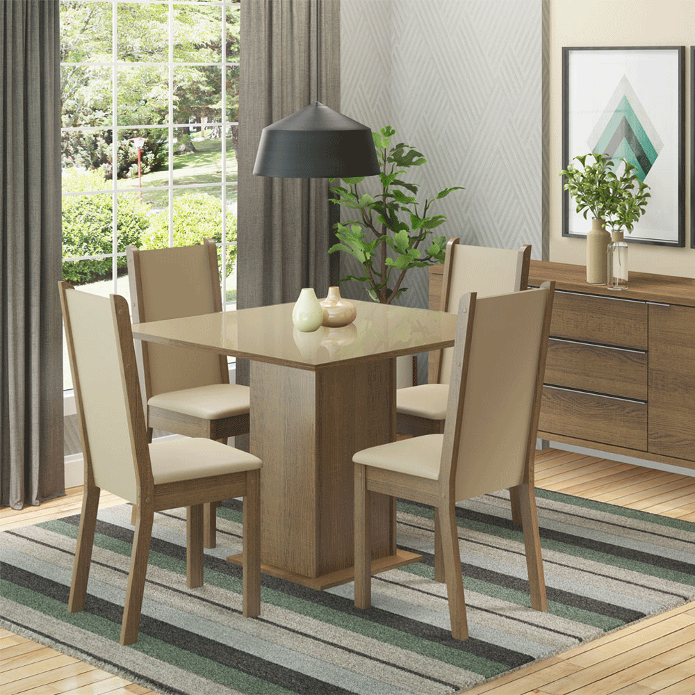 Juego de Comedor Moscou Plus con 4 Sillas - Tablero de Madera y Cubierta de Cristal
