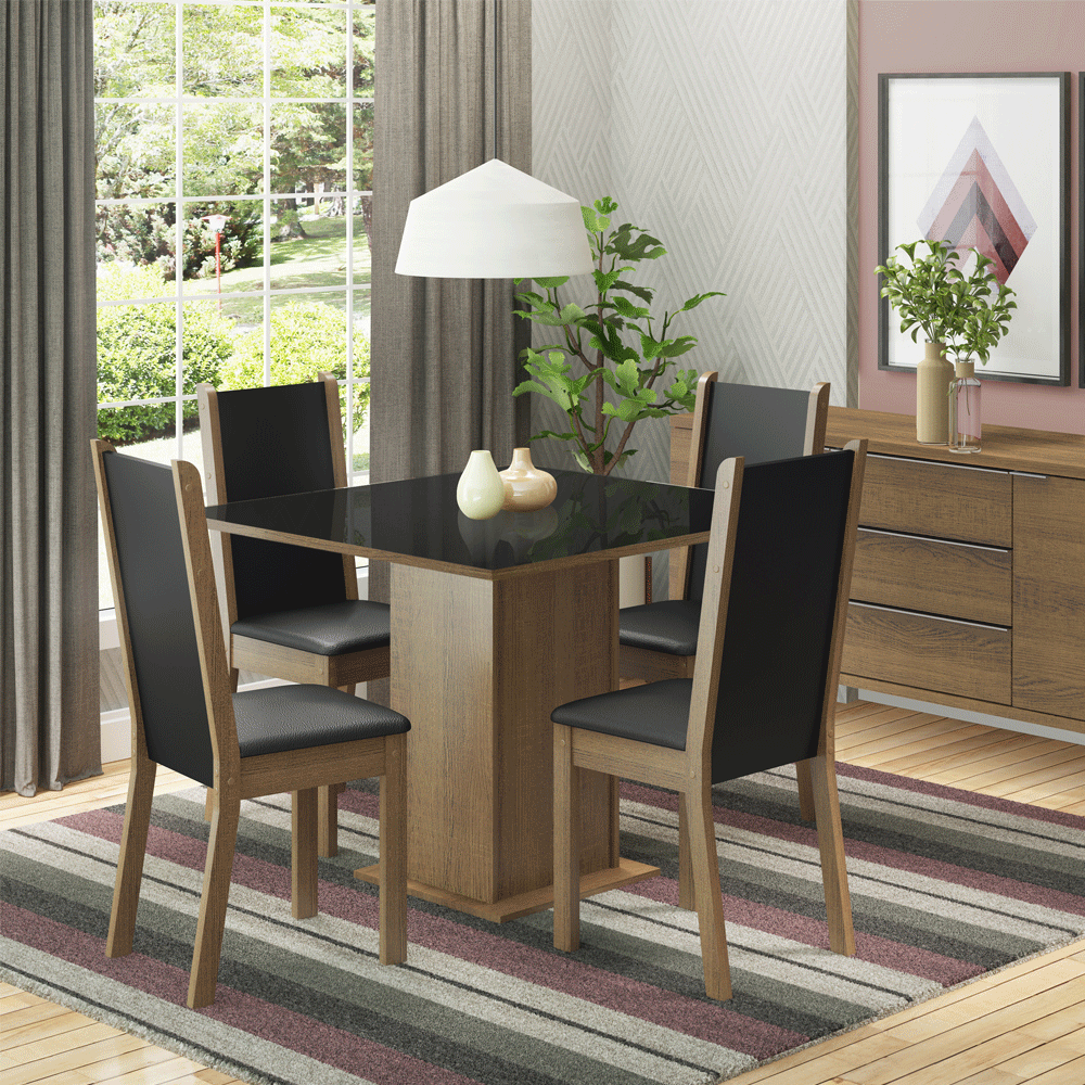 Juego de Comedor Moscou Plus con 4 Sillas - Tablero de Madera y Cubierta de Cristal Marrón/Negro
