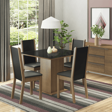 Juego de Comedor Moscou Plus con 4 Sillas - Tablero de Madera y Cubierta de Cristal Marrón/Negro