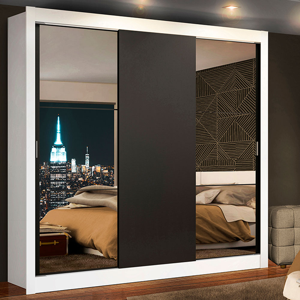 Clóset Monaco 3 Puertas Corredizas 2 Espejos Blanco/Negro 170 cm x 205 cm x 51 cm