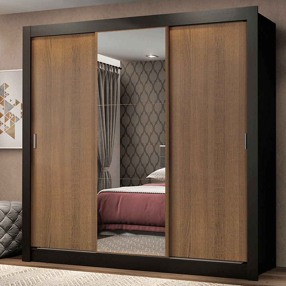 Clóset Monaco 3 Puertas Corredizas 1 Espejo Negro/Marrón 170 cm x 205 cm x 51 cm