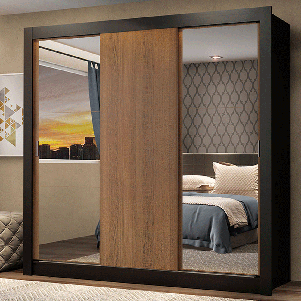 Clóset Monaco 3 Puertas Corredizas 2 Espejos Negro/Marrón 170 cm x 205 cm x 51 cm