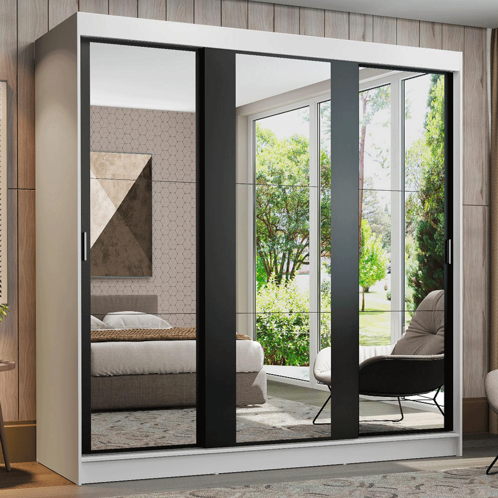 Clóset Reno 3 Puertas Corredizas con Espejos Blanco/Negro 180 cm x 205 cm x 54 cm