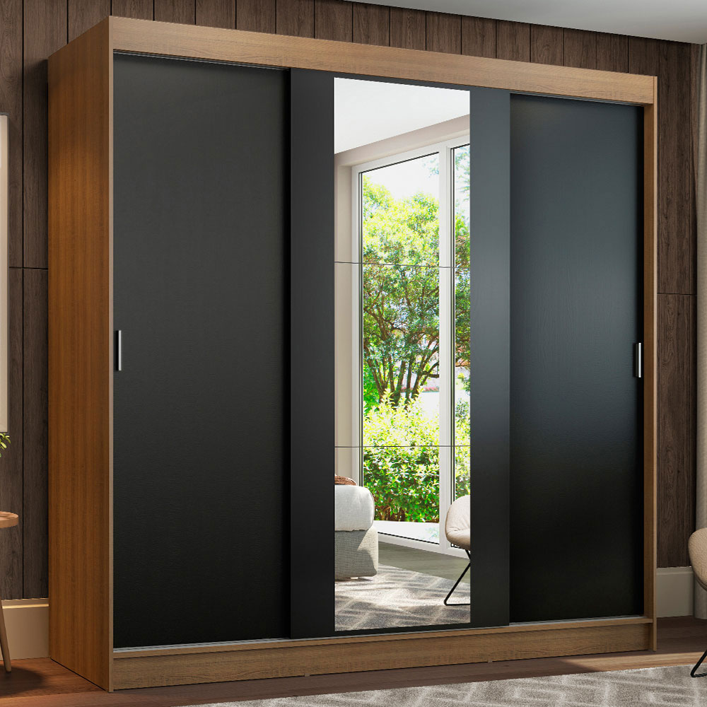 Clóset Reno 3 Puertas Corredizas 1 Espejo Marrón/Negro 180 cm x 205 cm x 54 cm