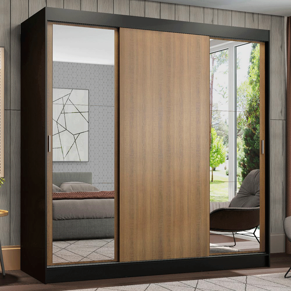 Clóset Reno 3 Puertas Corredizas 2 Espejos Negro/Marrón 180 cm x 205 cm x 54 cm