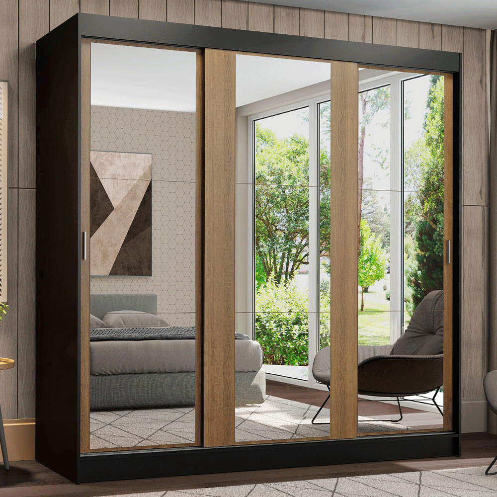 Clóset Reno 3 Puertas Corredizas con Espejos Negro/Marrón 180 cm x 205 cm x 54 cm