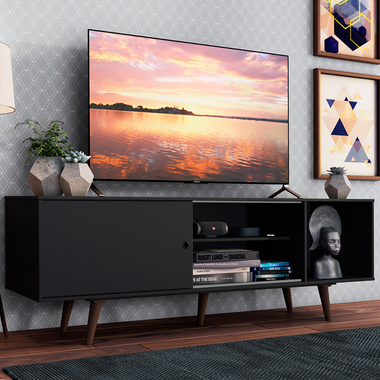 Centro de Entretenimiento Mesa para TV Dubai 160 cm Hasta 65 Pulgadas Negro (Patas Marrón) Madesa