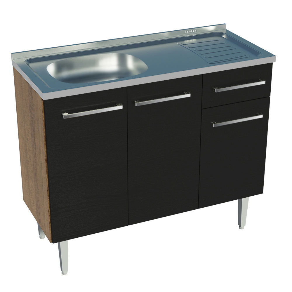 Mueble de Cocina Bajo Emilly 1.05 m con Mesón de Acero Marrón/Negro