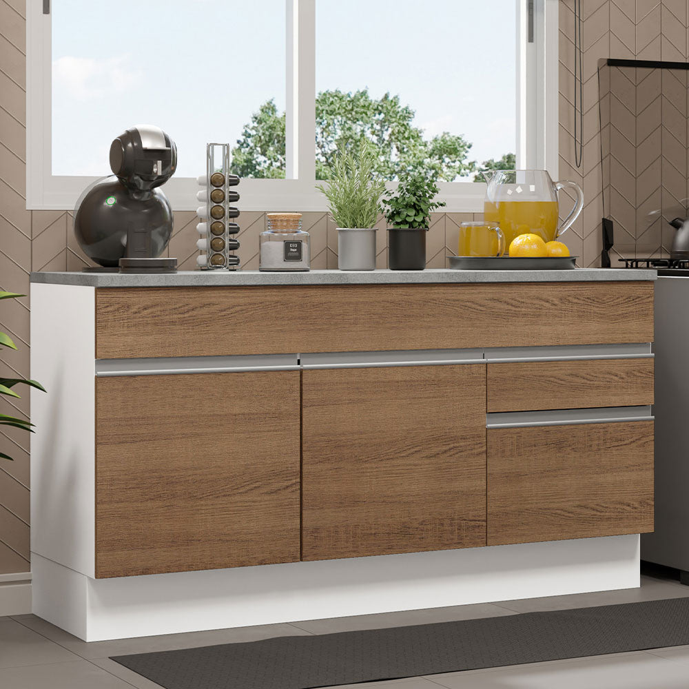Mueble de Cocina Bajo Glamy 1.50 m 2 Puertas 2 Cajones con Encimera Blanco/Marrón