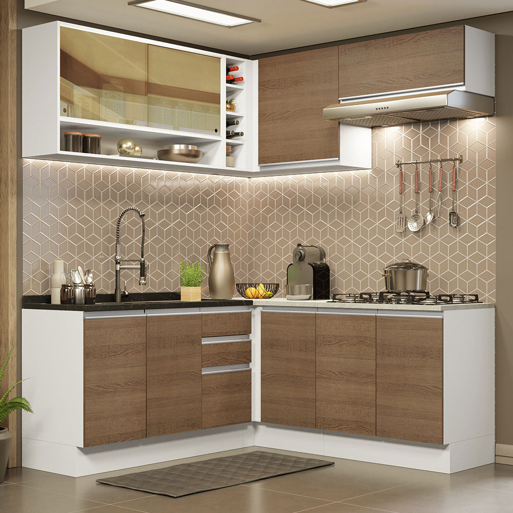Cocina Integral de Esquina Glamy 3.50 m con Mesón de Acero Blanco/Marrón 02