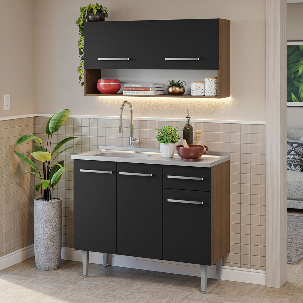 Cocina Integral Compacta Emilly 1.05 m con Mesón de Acero Marrón/Negro 04