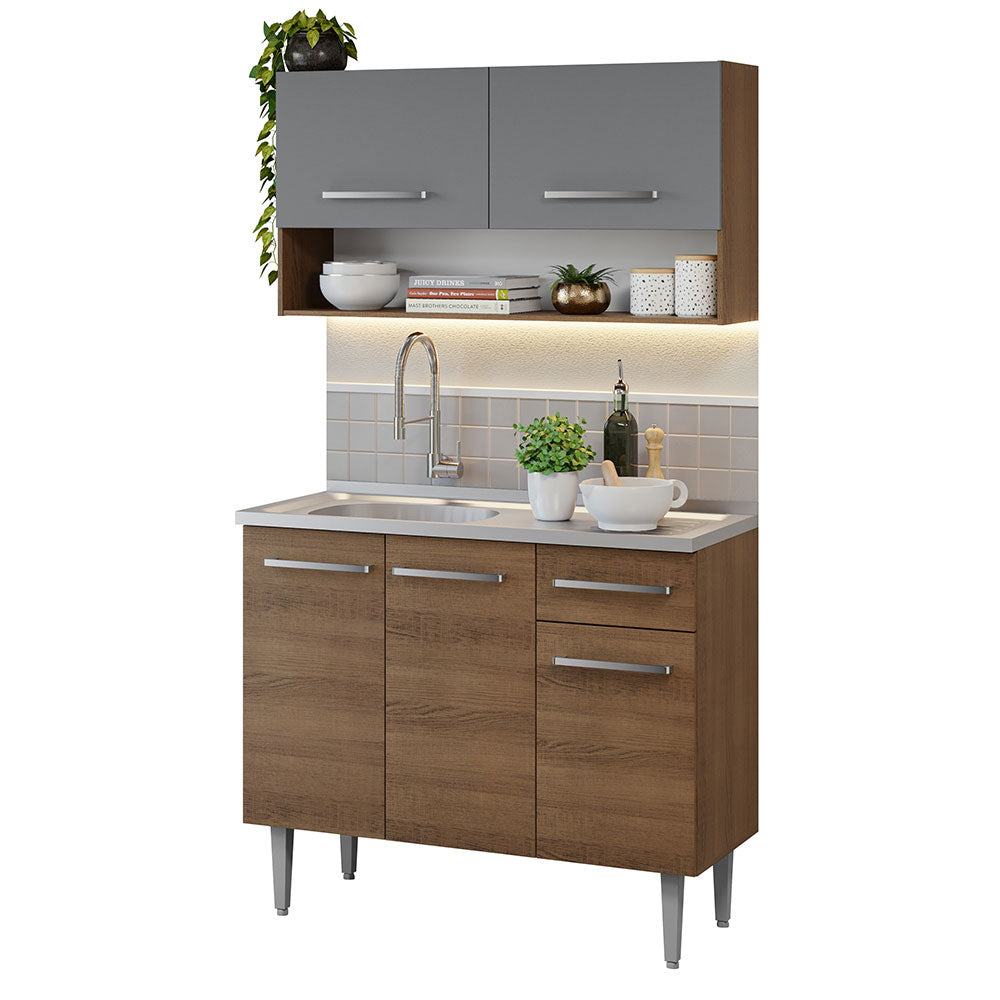 Cocina Integral Compacta Emilly 1.05 m con Mesón de Acero Marrón/Gris 04
