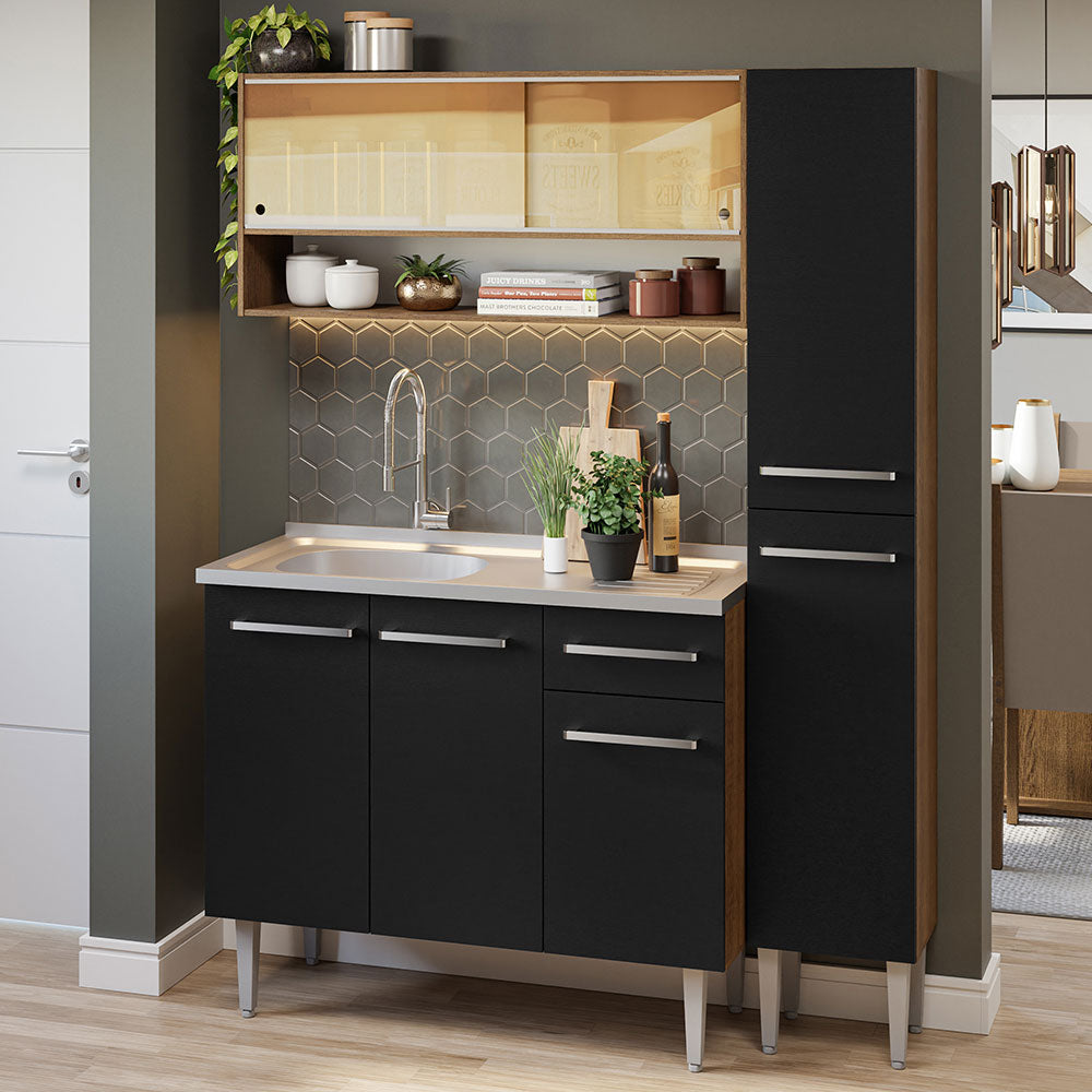 Cocina Integral Emilly 137 cm con Mesón de Acero 10 Marrón/Negro Madesa