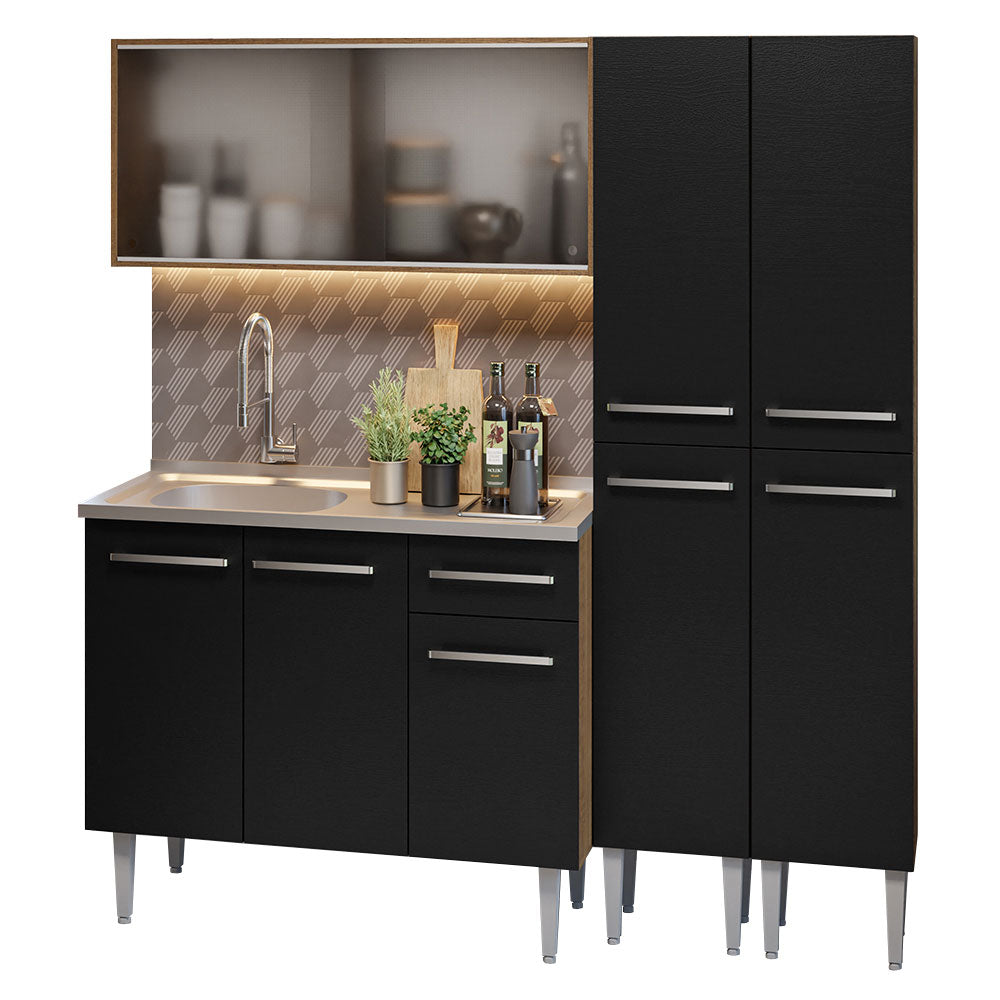 Cocina Integral Emilly 169 cm con Mesón de Acero 11 Marrón/Negro Madesa