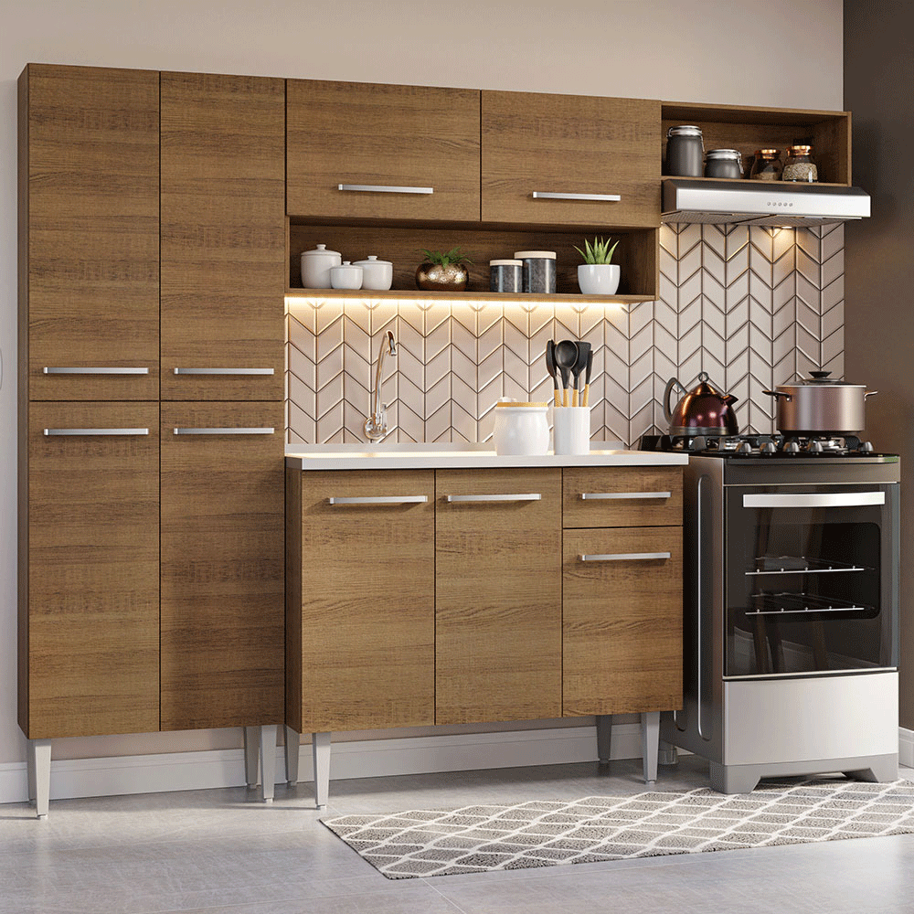 Cocina Integral Emilly 229 cm con Mesón de Acero 12 Marrón Madesa