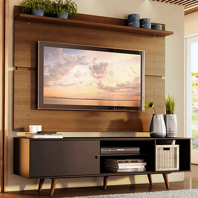 Centro de Entretenimiento para TV Dubai 160 cm Mesa y Panel Hasta 65 Pulgadas Negro/Marrón (Patas Marrón) Madesa