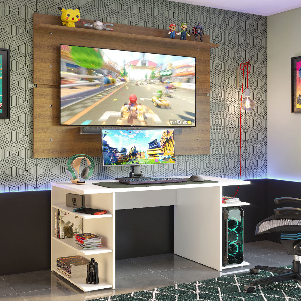 Escritorio Gamer 136 cm Moderno + Panel para TV Hasta 65 Pulgadas Blanco/Marrón Madesa