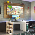 Escritorio Gamer 136 cm Moderno + Panel para TV Hasta 65 Pulgadas Blanco/Marrón Madesa