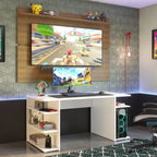 Escritorio Gamer 136 cm Moderno + Panel para TV Hasta 65 Pulgadas Blanco/Marrón Madesa