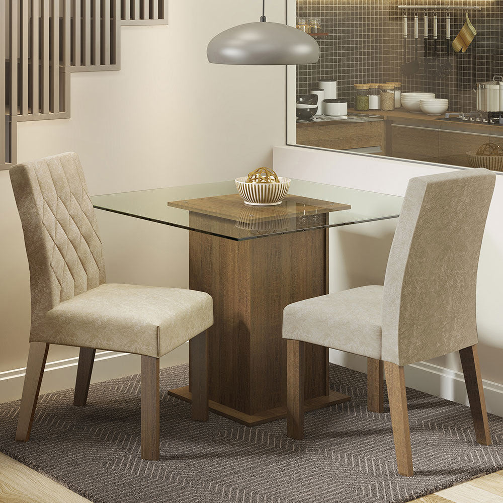 Juego de Comedor Ciça con 2 Sillas - Encimera Cuadrada de Cristal Marrón/Imperial