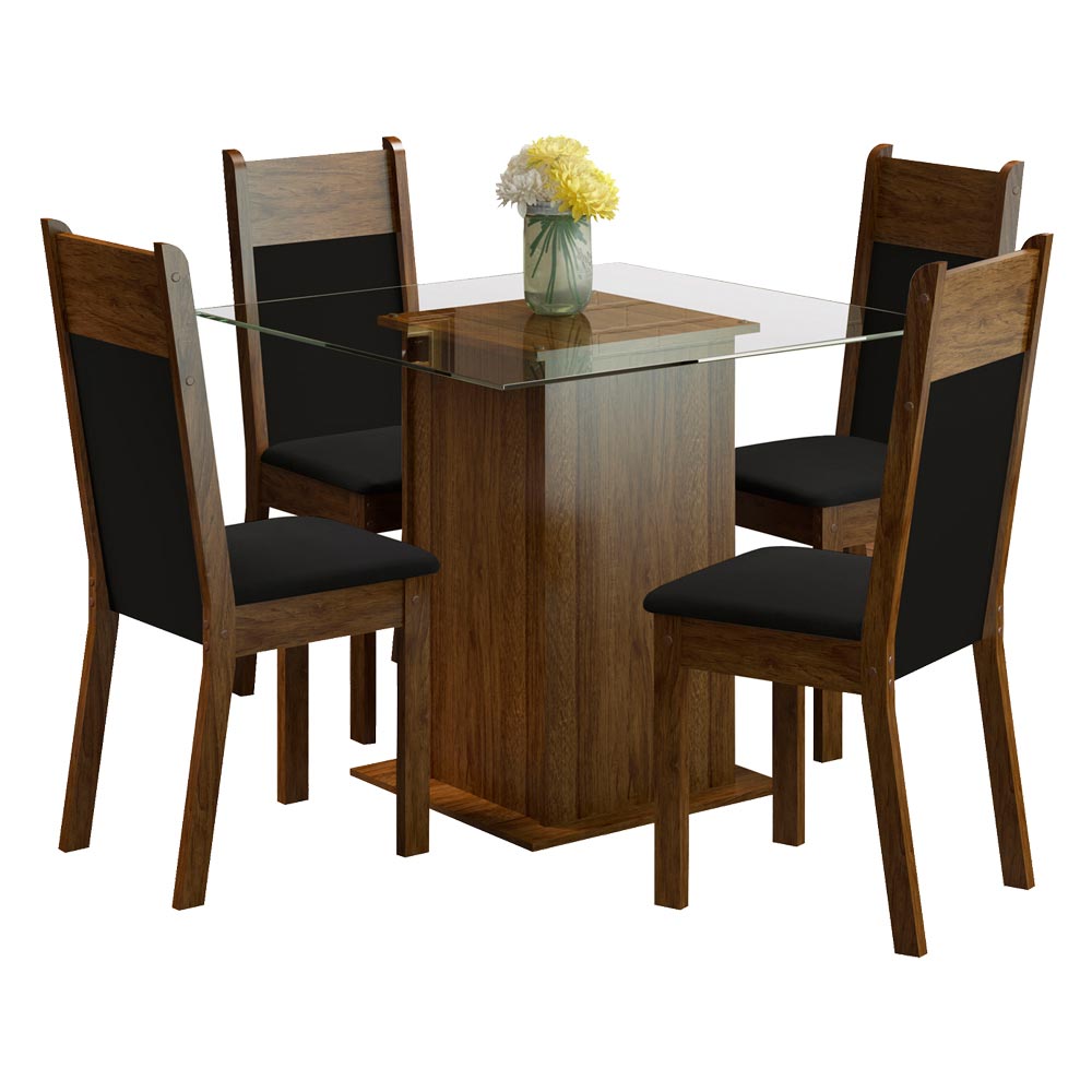 Juego de Comedor Dallas con 4 Sillas Encimera Cuadrada de Cristal Marrón/Negro Sintético