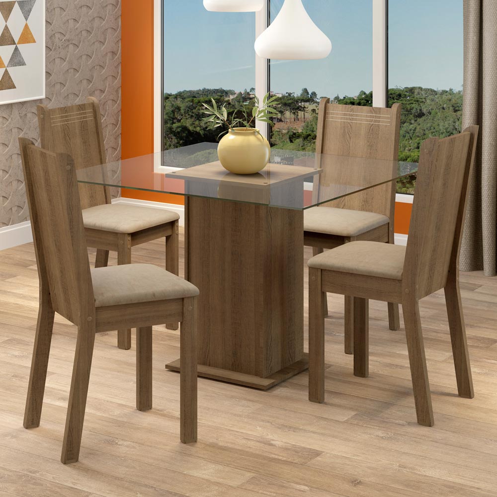 Juego de Comedor Madesa Maya con 4 Sillas y Encimera Cuadrada de Cristal MarrónBeige
