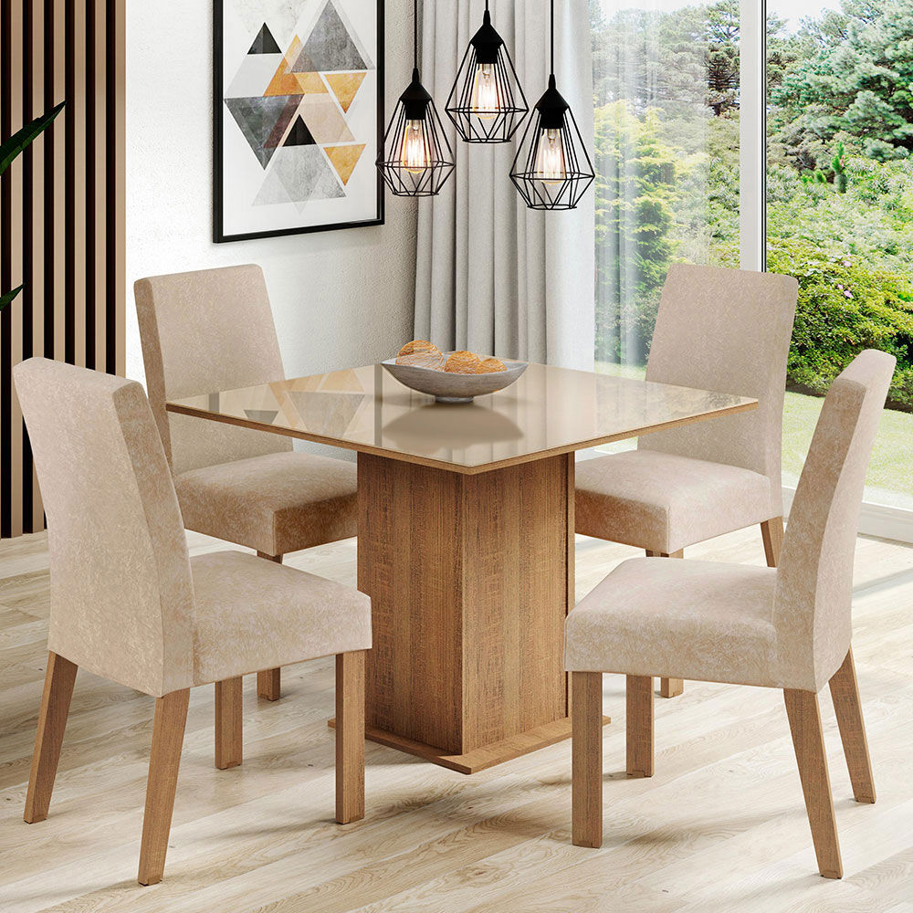 Juego de Comedor Evelin con 4 Sillas - Tablero de Madera y Cristal