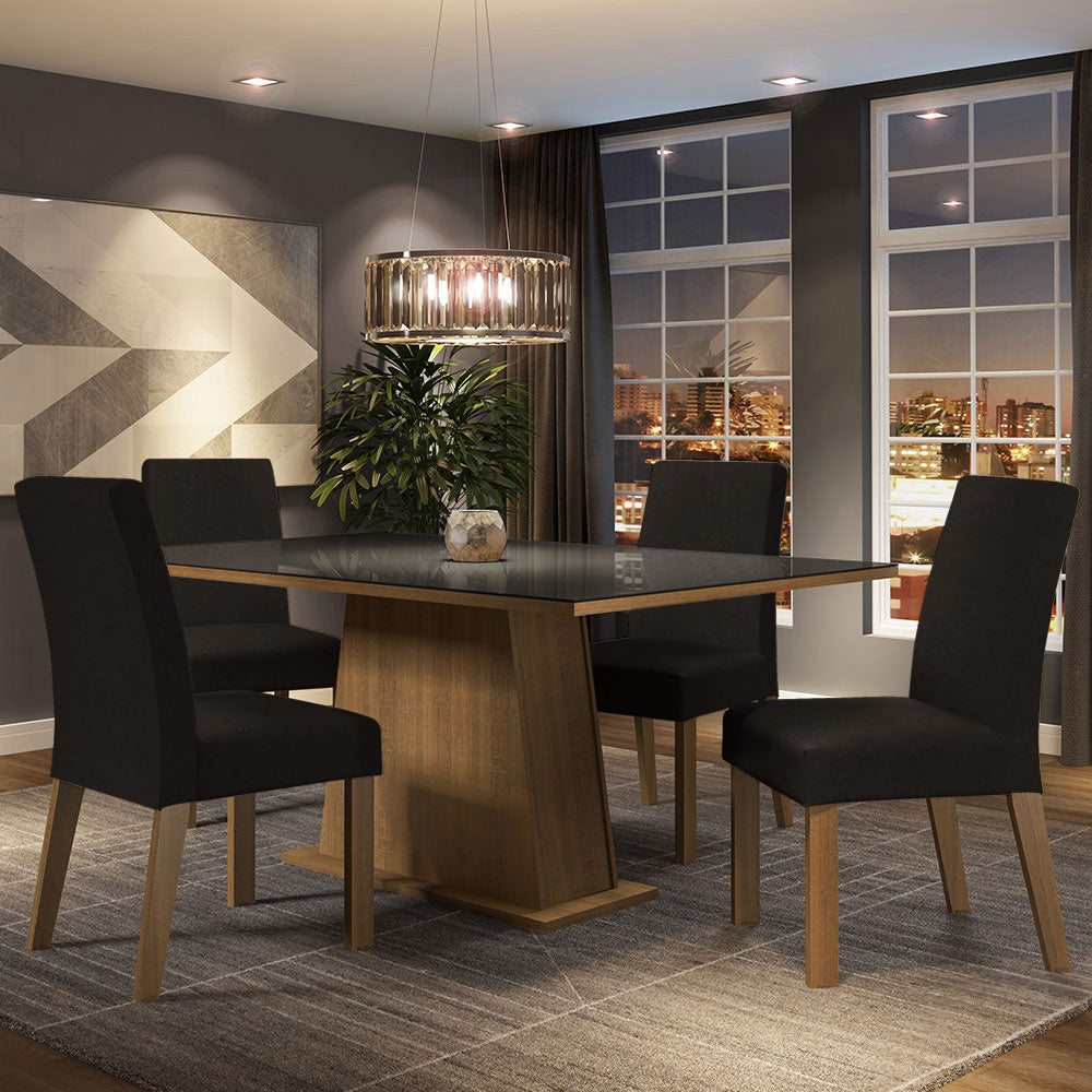 Juego de Comedor Sabrina con 4 Sillas - Tablero de Madera y Cubierta de Cristal Marrón/Negro/Oxford