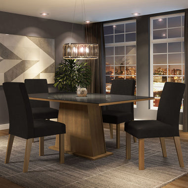 Juego de Comedor Sabrina con 4 Sillas - Tablero de Madera y Cubierta de Cristal Marrón/Negro/Oxford