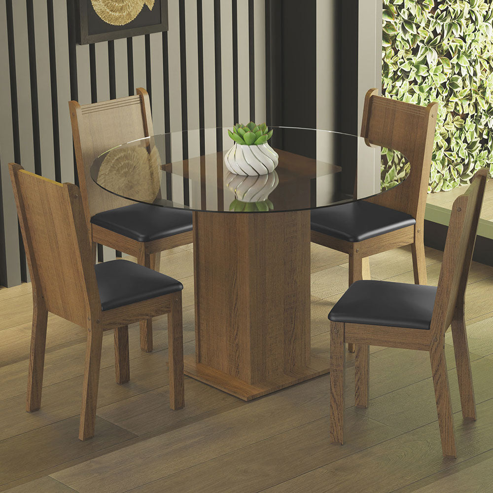 Juego de Comedor Débora con 4 Sillas - Encimera Redonda de Cristal Marrón/Negro