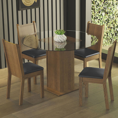 Juego de Comedor Débora con 4 Sillas - Encimera Redonda de Cristal Marrón/Negro