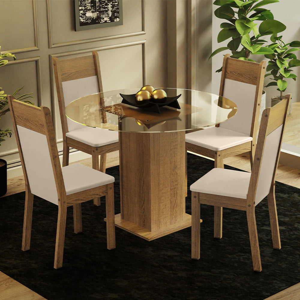 Juego de Comedor Beta con 4 Sillas - Encimera Redonda de Cristal Marrón/Beige Madesa