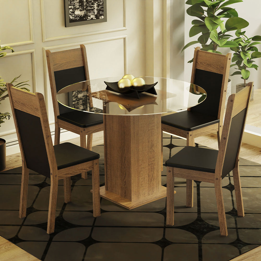 Juego de Comedor Beta con 4 Sillas - Encimera Redonda de Cristal Marrón/Negro
