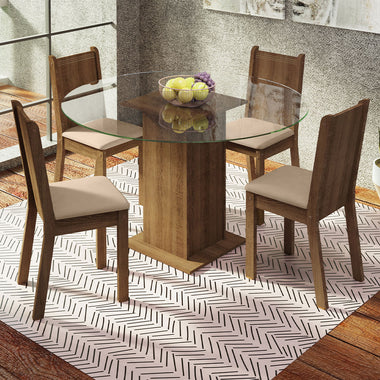 Juego de Comedor Paula con 4 Sillas - Encimera Redonda de Cristal Marrón/Beige