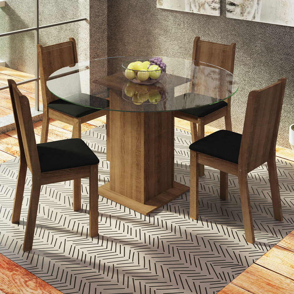 Juego de Comedor Paula con 4 Sillas - Encimera Redonda de Cristal Marrón/Negro
