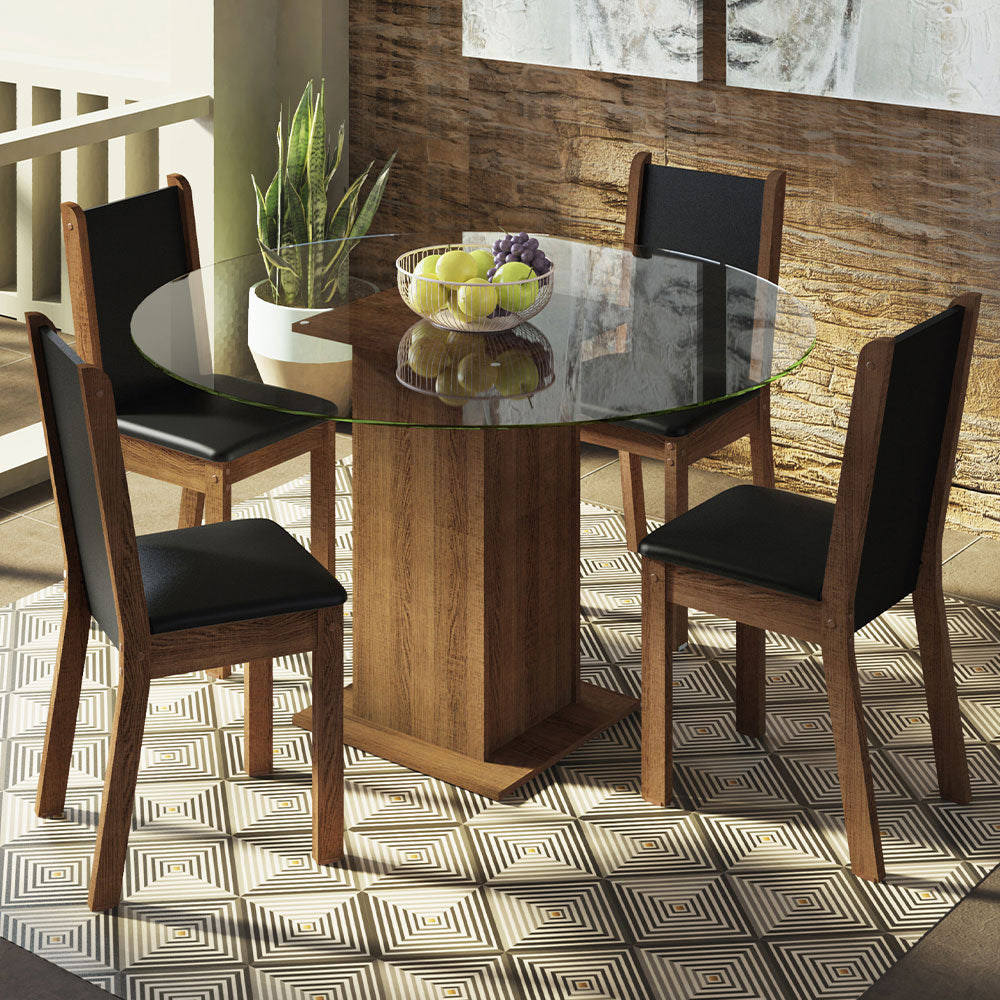 Juego de Comedor Madu con 4 Sillas - Encimera Redonda de Cristal Marrón/Negro