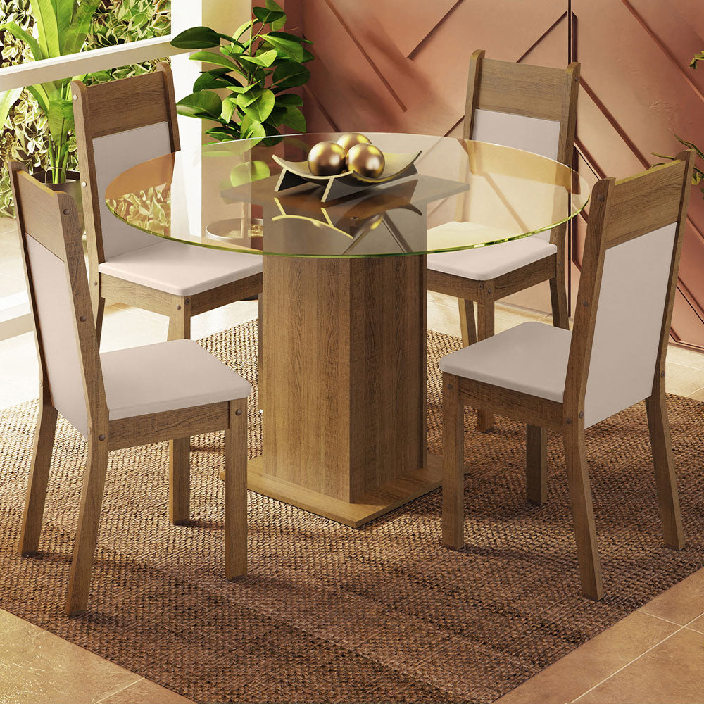 Juego de Comedor Ana con 4 Sillas - Encimera Redonda de Cristal Marrón/Beige