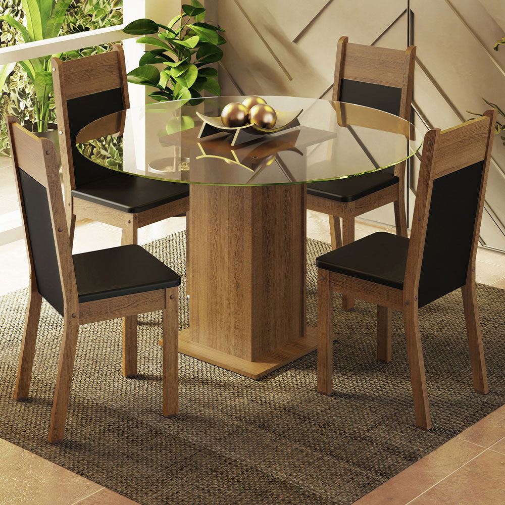 Juego de Comedor Ana con 4 Sillas - Encimera Redonda de Cristal Marrón/Negro