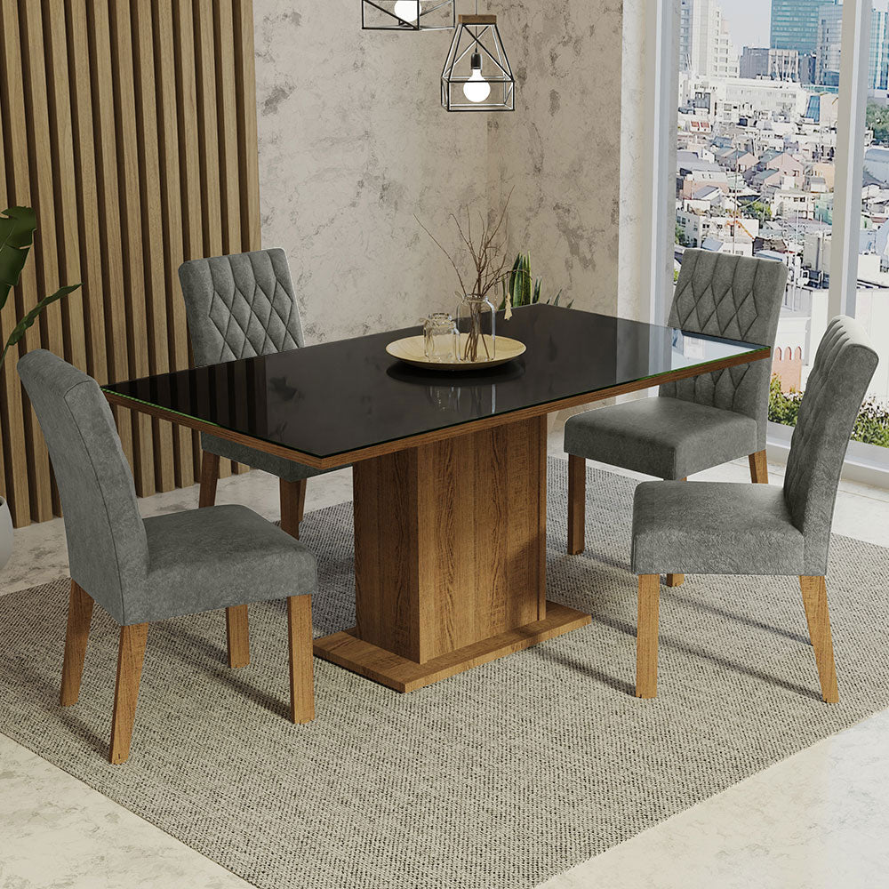 Juego de Comedor Marilia con 4 Sillas - Tablero de Madera y Cristal Marrón/Negro/Plateado