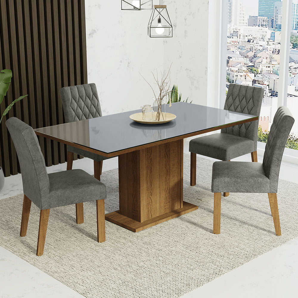 Juego de Comedor Marilia con 4 Sillas - Tablero de Madera y Cubierta de Cristal Marrón/Gris/Plateado