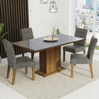 Juego de Comedor Marilia con 4 Sillas - Tablero de Madera y Cubierta de Cristal Marrón/Gris/Plateado